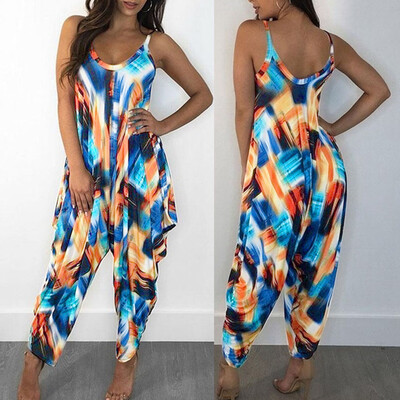 

Starmoon Womens Sexy Ruffles Printing V-neck Color SleevelessTrousers Jumpsuit