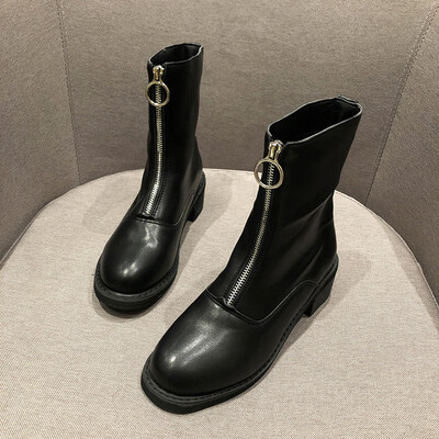 

British style Martin Boot Korean version fashion with thick heel in front of zipper student boot girl fashion