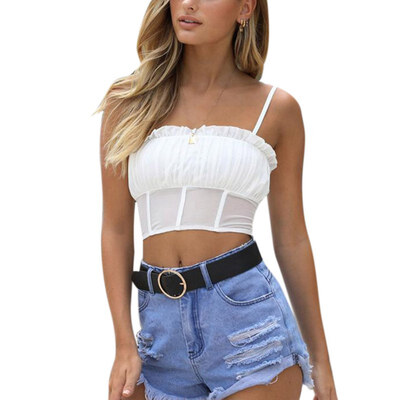 

Women Sexy Summer Casual Basic Mesh Micro-transparent Camisole Wood Ear T-Shirt Tank Tops