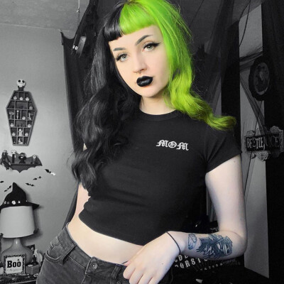 

Starmoon Women Gothic Punk Black Letter Embroidery Short Sleeve T-shirt Blouse Crop Top