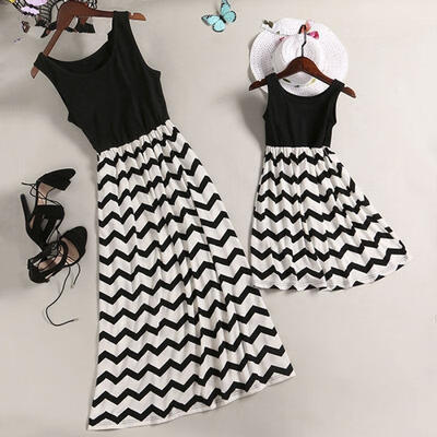 

Mother & Kids Girls Sleeveless Boho Summer Casual Sundress Striped Long Maxi Dress