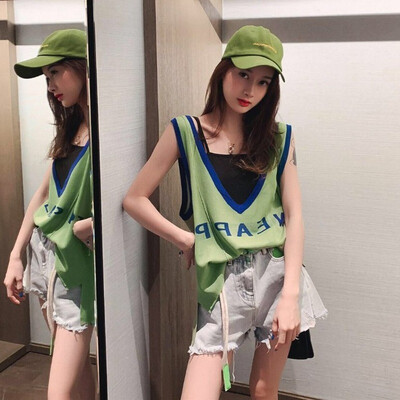

Women Summer Sexy V Neck Sweet Caism Top Sleeveless Slim Letter Print Hollow Knit Short Vest Casual Loose Fashion Tank Top