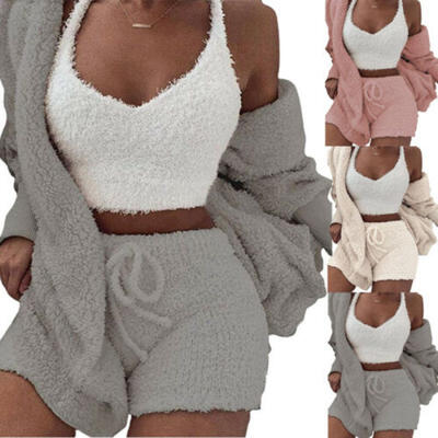 

Fashion Women Cardigan Sweater Plush Hooded Coat Shorts Set Sleepwear 2PCS