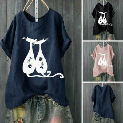 

US Plus Size Womens Summer Casual Cats Blouses Loose Baggy Tops Tunic T Shirts