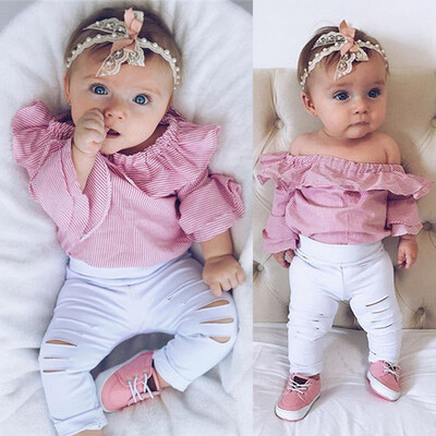 

Toddler Infant Baby Girl Striped Tops Romper Ripped Pants Outfits Clothes Set
