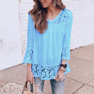 

Women Casual Tops V-Neck Lace Splicing Three-quarter Sleeve Casual Boho Shirt
