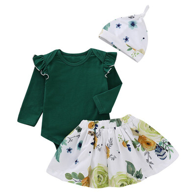 

Autumn Long Sleeve Romper Hat Baby Girls Dress Clothing Set Floral Printed Baby Girls Clothes Suit 3pcs