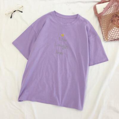 

Women Round Collar Summer Embroidered Letters Loose Short Sleeve Casual Simple Wild T-Shirt