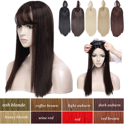 

17" Long Straight Hair Topper With Thin Air Bangs Clip In Hair Middle Part Synthetic Hairpiece For Women