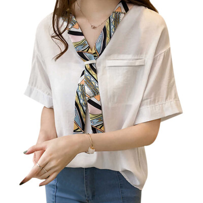 

Ladies Short Sleeve Chiffon Blouses Shirts Elegant Bow Tie Women Shirt Casual Blouses Tops