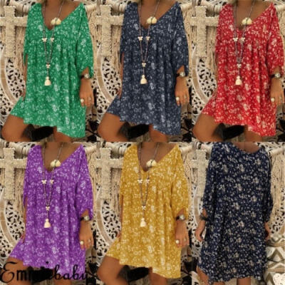 

Women Blouse Chiffon Long Sleeve Floral Casual Loose Short Mini Dress Tops 6-18