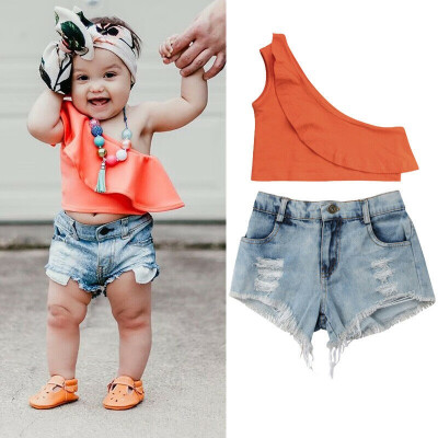 

Toddler Kids Baby Girls Crop TopsDenim Shorts Pants Outfits Set Summer Clothes