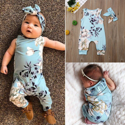 

Infant Baby Boys&Girls Sleeveless Flower Print Floral Romper JumpsuitHeadband