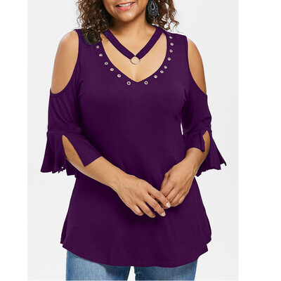 

Roseonmyhand Plus Size Fashion Women Solid T-shirt Short Sleeve Vest V-Neck Rivet Blouse