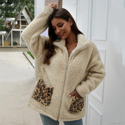 

Plush Coat Leopard Stitching Pocket Zipper Thick Jacket Coat Autumn And Winter Coat
