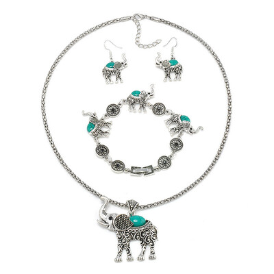 

Womens Vintage Silver Turquoise Elephant Pendant Necklace Pendant Earrings Bracelet Set