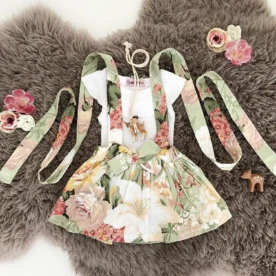 

UK Toddler Kids Baby Girls Tops T-shirt Floral Overall Skirt Dress Outfits Set