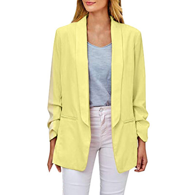 

Toponeto Womens Casual Blazer Ruched Long Sleeve Open Front Fit Office Cardigan Jacket