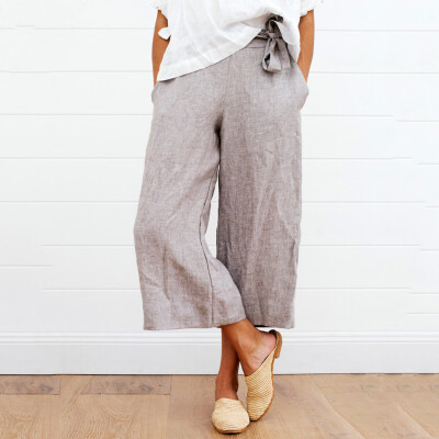 

Tailored Fashion Women Solid Bow Bandage Cotton And Linen Casual Calf-Length Pants