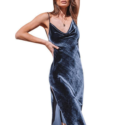 

New Women Sexy V Neck Velvet Long Maxi Dress Backless Evening Party Bodycon Skirt