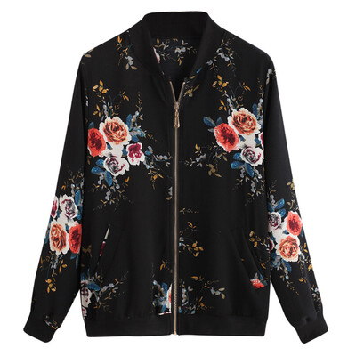 

Toponeto Womens Retro Floral Printing Zipper Up Bomber Jacket Casual Coat Outwear BKL