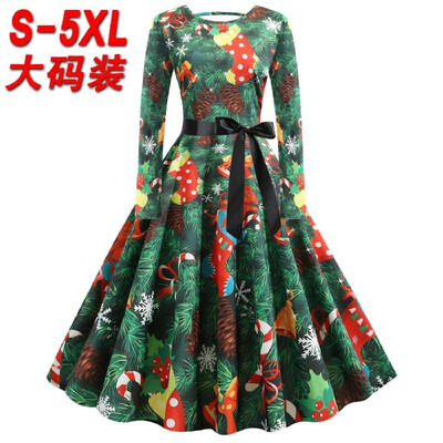 

F5359 Cross-border Christmas Explosion FallWinter Round Neck Long Sleeve Print Large Size Black Ribbon Big Dress green