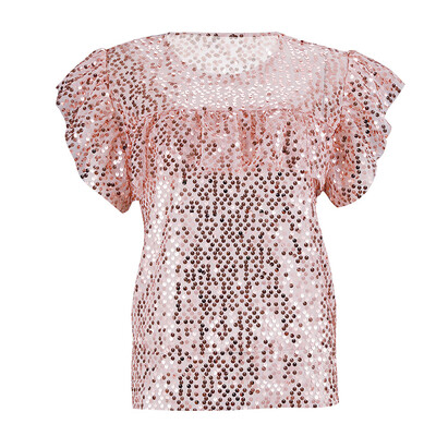 

Womens Sexy Tops Folding Hollow Sequins T-Shirt Casual Pullover Short Sleeve