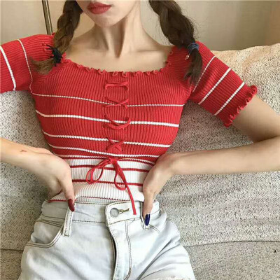 

Summer Female Harajuku Sexy T-shirt Slash Neck Striped Short Sleeve tshirt Knitted Lace Up Ruffles knitted t shirt Women