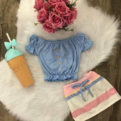 

US Infant Kids Baby Girls Button Tops Color Stripe Dress Skirt Outfits Clothes