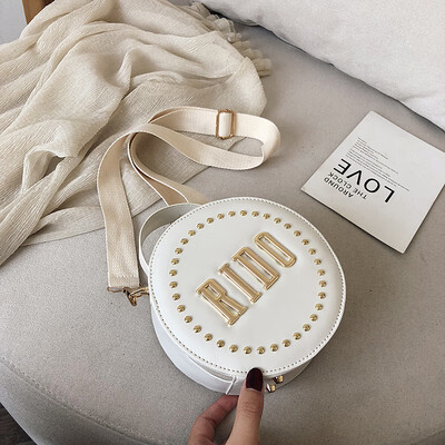 

2019 new fashion letter handbag personality rivet shoulder Messenger bag female casual simple wild small round bag