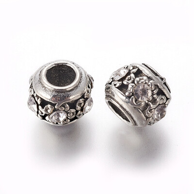 

Alloy European Beads Large Hole Beads with Rhinestone Rondelle Crystal Antique Silver 11x9mm Hole 5mm