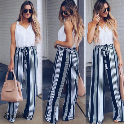 

UK New Womens Casual Long Wide Leg Striped Trousers Ladies Evening Party Pants