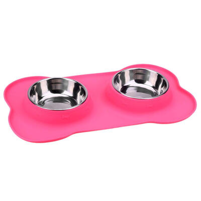 

Stainless Steel Double Silicone Cat Dog Bowls Food Water Container Feeder