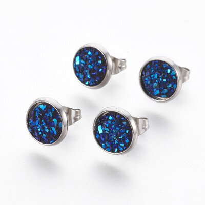 

304 Stainless Steel Stud Earrings with Resin Druzy Flat Round MidnightBlue 14x10mm Pin 08mm