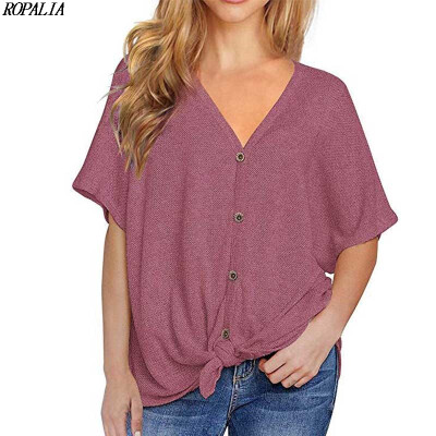 

Summer Batwing Short-sleeved Knit T-Shirts V-neck Hem Twisted Button Top Novel Womens Clothing