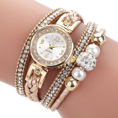 

Fashion ladies circle bracelet watch exquisite diamond pearl fashion compact braided rope watch