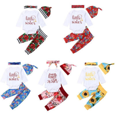 

US Newborn Baby Girl Little Sister Romper Long Pants Hat Outfit Clothes 4PCS Set