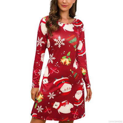 

Round Neck Long Sleeve Christmas Cartoon Print Loose Casual Dress