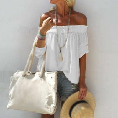 

Summer Womens Holiday Boat Neck 34 Sleeve Casual Loose Sunscreen T-shirt Tops
