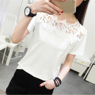 

Womens Hollow Lace Blouse Solid Short Sleeve Round Neck T Shirt Casual Tee Tops