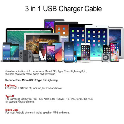

TOMTOP 39FT Multi Charger Cable USB Charging Line Data Sync Wire 3 In 1 for LightningType CMicro USB Connector for iPhone iPad