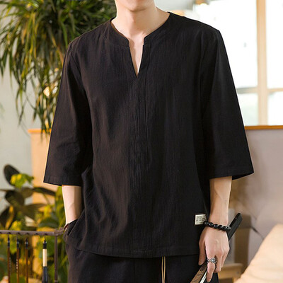 

Toponeto Mens Casual Cotton Linen Pure Color Loose V-Neck Short Sleeve T-shirt Tops