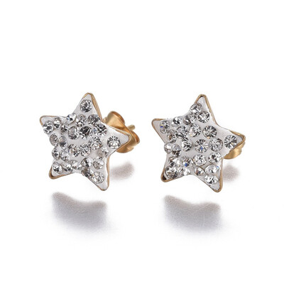 

304 Stainless Steel Stud Earrings with Polymer Clay Rhinestone Star Crystal Golden 12x12x45mm Pin 07mm