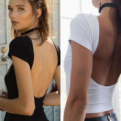 

US Womens Ladies Short Sleeve Crop Top T-Shirt Vest Round Neck Stretch Plain