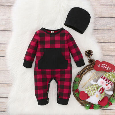

US 2019 Christmas Infant Baby Girl Boy Clothes Plaids Romper Overall Hat Outfit