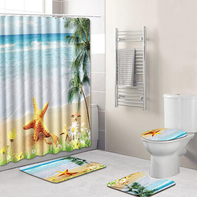 

〖Follure〗4PCS Sea Style Non Slip Toilet Polyester Cover Mat Set Bathroom Shower Curtain