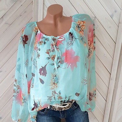 

Women Summer Autumn Long Sleeve O Neck Women Lace Up Floral Print Irregular Shirts 3XL Plus Size Women Tops Tee
