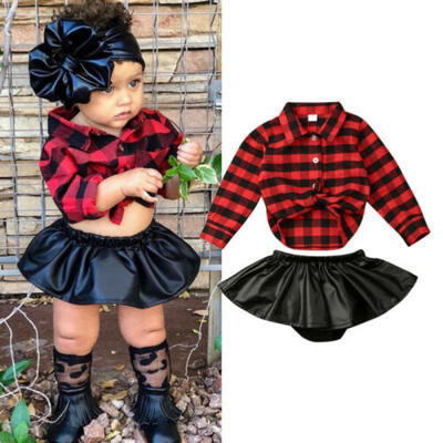 

AU Christmas Kids Baby Girl Plaid ShirtLeather Skirt Shorts Xmas Party Clothes