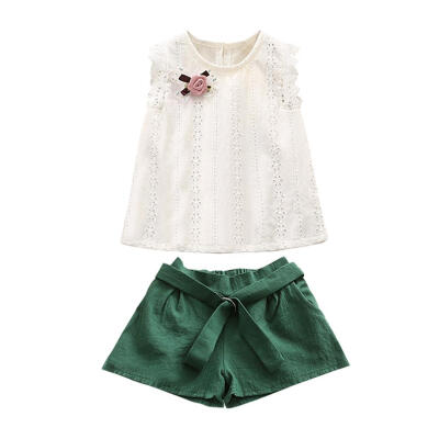 

2pcs Baby Kids Girl Floral Bowknot Decor Lace Summer TopsSolid Belt Shorts