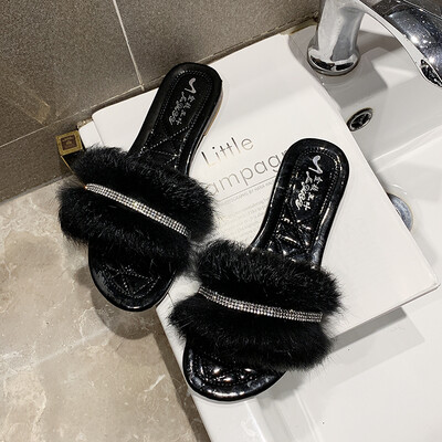 

Womens Summer Fashion Rabbit Hair Slipped Flat Bottom Comfortable Fur Shoes